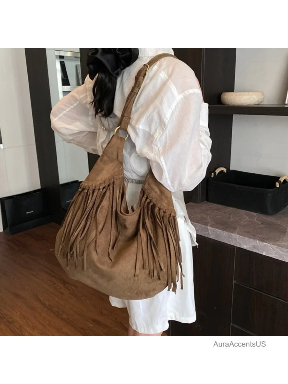 Vintage Vegan Suede Fringe Hobo Bag Tote Crossbody Shoulder Bag Hippie Purse